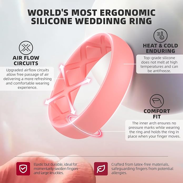 Egnaro Women's Bridal Rings Sets, Inner Arc Ergonomic Breathable Design Silicone Rubber Wedding Bands