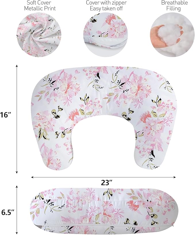 Little Grape Land Nursing Pillow,Upgraded Breast Feeding Pillow for Mom,Breastfeeding & Bottle Feeding for 0–12 Months, Soft Machine Washable Cover with firm breathable filling, Tummy Time,Rose Floral