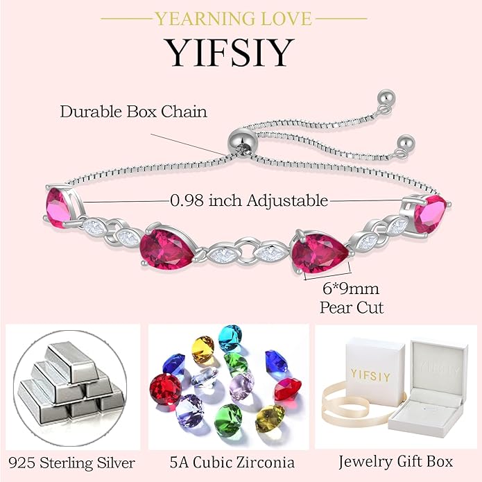 Teardrop Birthstone Bracelet for Women, S925 Sterling Silver Pear Cut Cubic Zirconia Bracelet Dainty Adjustable Chain Jewelry Gift for Her