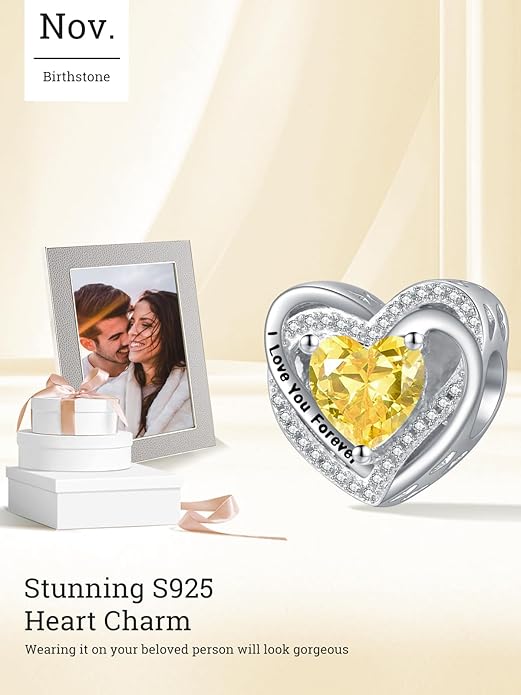 Heart Birthstone Charms for Bracelets, 925 Sterling Silver Women Bead Charms for Charm Bracelets Necklace, Mother's Day Birthday Anniversary Jewelry Gifts for Wife Mom Grandma Daughter