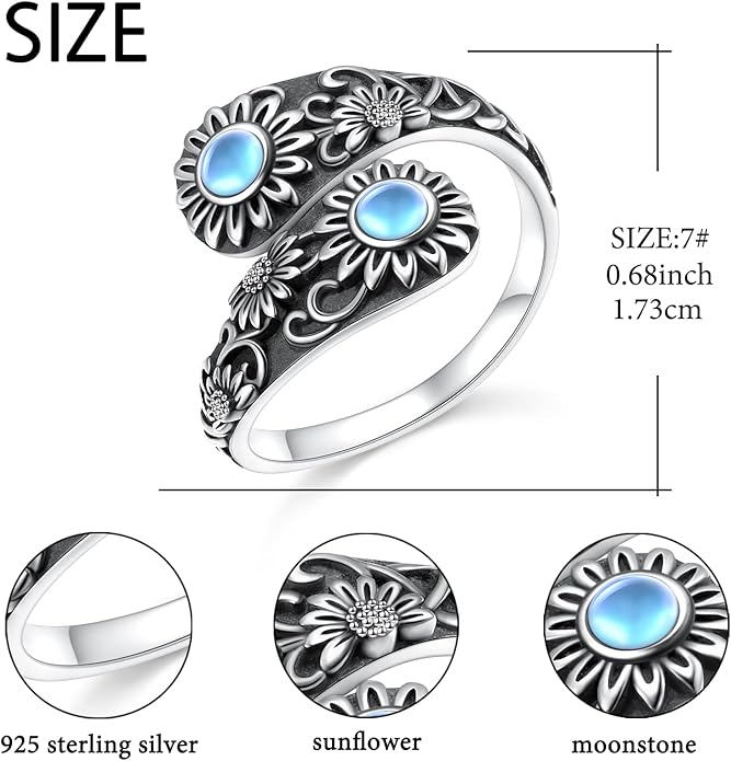 925 Sterling Silver Hummingbird/Sunflower Turquoise/Moonstone/Lily of the Valley Flower Spoon Ring Adjustable Open Ring Statement Thumb Ring Jewelry for Women