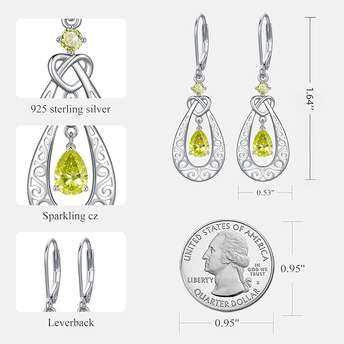 Teardrop Birthstone Dangle Drop Earrings Sterling Silver Infinity Filigree Leverback Earrings, Infinity Love Birthday Anniversary Valentines Day Gifts for Her Women Mom Wife
