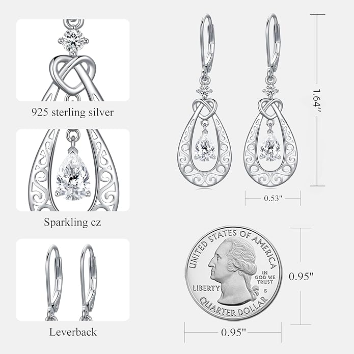 Teardrop Birthstone Dangle Drop Earrings Sterling Silver Infinity Filigree Leverback Earrings, Infinity Love Birthday Anniversary Valentines Day Gifts for Her Women Mom Wife