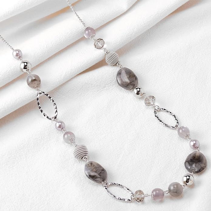 BULINLIN Beaded Long Necklace for Women Silver Sweater Chain Necklace with Crystal Resin Beads, Fashion Jewelry Necklace