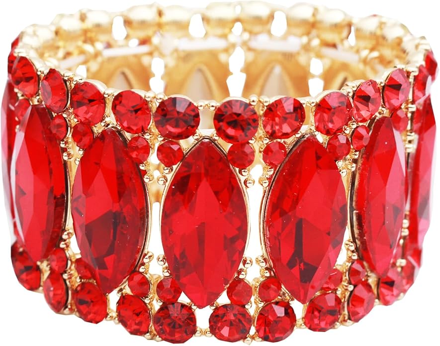 Women’s Elegant Wedding Bridal Crystal Double Row Marquise-Shape Leaf Stretch Bangle Bracelet Bride Jewelry for Women