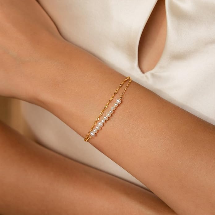 SLOONG Valentines Day Gifts for Her Gold Pearl Bracelets, 18K Real Gold Plated Dainty Stackable Snake Chain CZ Heart Pendant Bracelets, Layered Waterproof Jewelry Gift for Women Adjustable 6"+2"