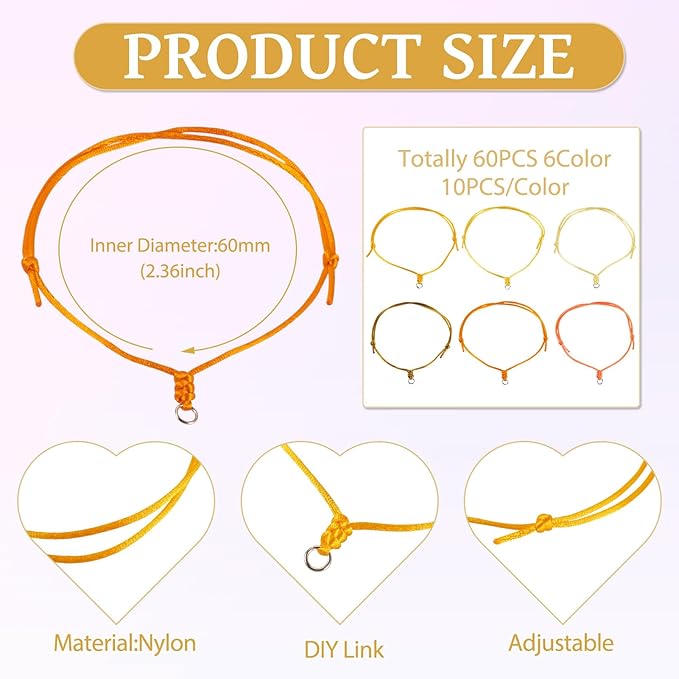 60Pcs Adjustable Braided Cord Colorful Waxed Thread Half Finished Bracelet with Jump Rings Knotting Bracelet Ropes for Wrist DIY Women Jewelry Friendship Bangle Decor 2-3/8 Inch Long-Yellow