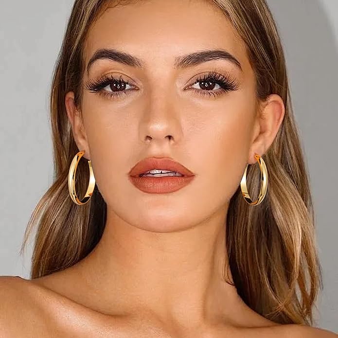 Gacimy 14K Gold Plated Hoop Earrings for Women, 14k Real Gold Plated with 925 Sterling Silver Post, Hypoallergenic Lightweight Thick Hoops Earrings for Women Trendy