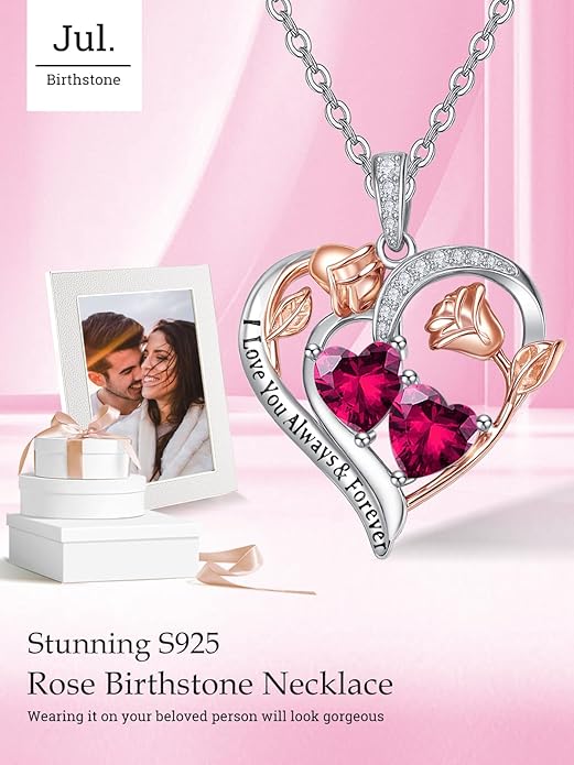 Valentine's Day Gifts for Wife 925 Sterling Silver Double Birthstone Pendant Necklaces I Love You for Always and Forever Necklace Anniversary Birthday Gifts for Wife Girlfriend Mom Her