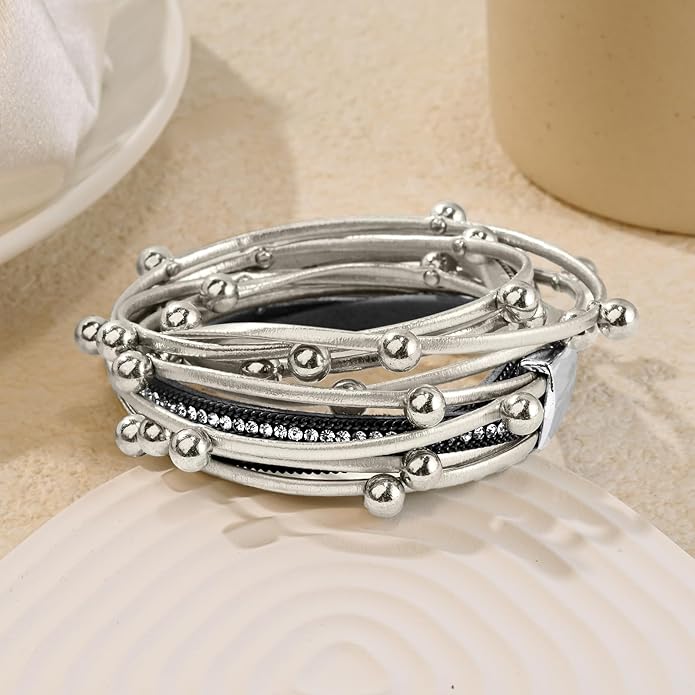 Wrapped Bracelets for Women,Leather Bracelet,Boho Bracelets for Women,Multi-Layer Pearl Crystal Bracelet Bangle Jewelry