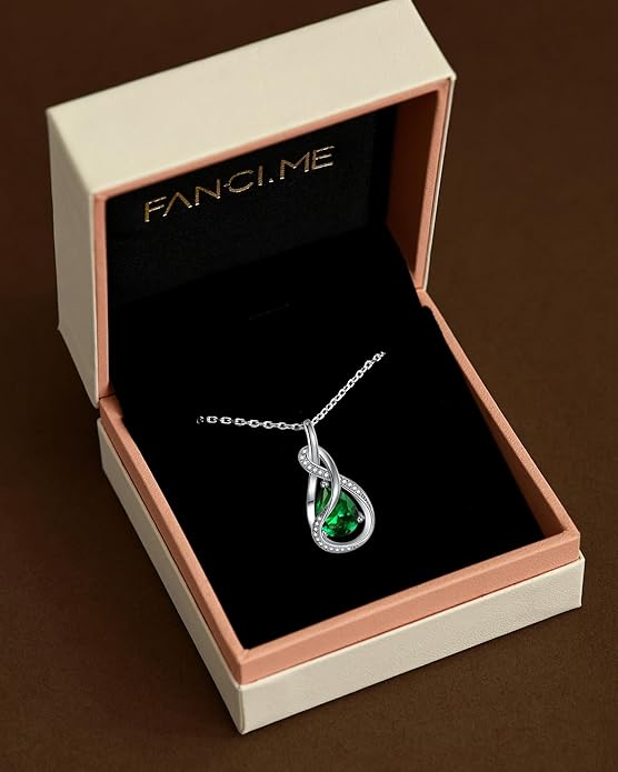 FANCIME TimelessTie Birthstone Necklace for Women White Gold Plated Sterling Silver Ribbon Design Jewelry Knot Pendant Fine Jewelry Gemstone Birthday Graduation Anniversary Valentines Day Gifts for Women Wife Mother Her