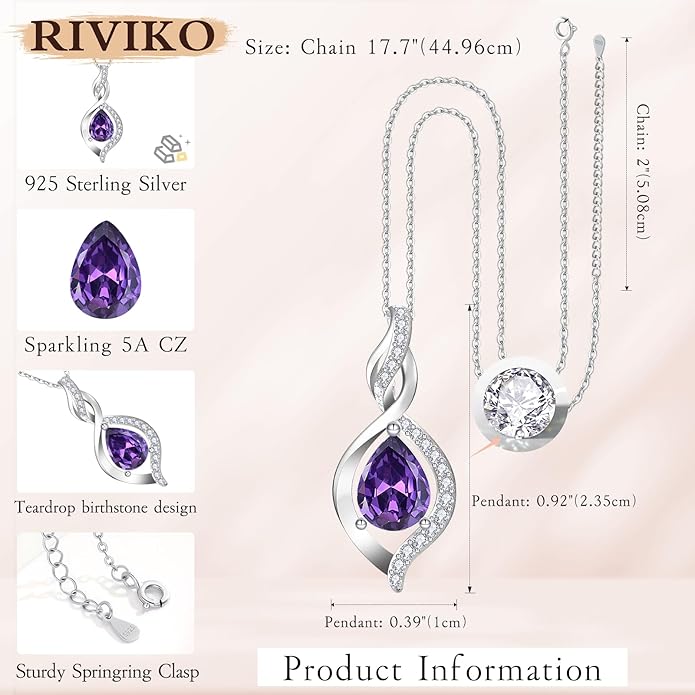 RIVIKO Valentines Day Gifts for Her-Infinity Birthstone Necklace for Women,925 Sterling Silver Teardrop Necklace, Womens Jewelry Birthday Gifts for Women Friend Her Mom Wife Lady