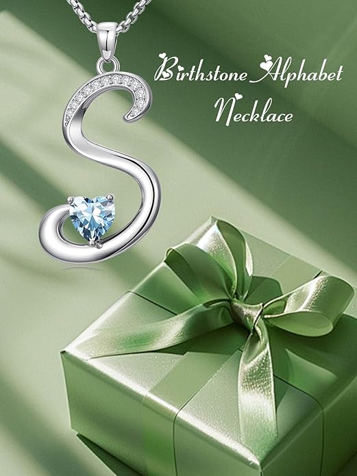 Valentines Day Gifts for Women Alphabet A to Z Initial Birthstone Pendant Necklaces for Women - 18k White Gold Plated Personalized Name Jewelry Valentine Mothers Day Birthday Gifts for Women Her Girlfriend