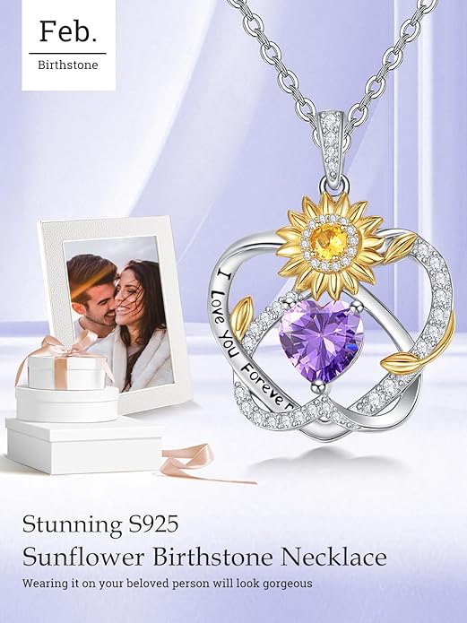 Valentine's Day Gifts for Wife 925 Sterling Silver Double Birthstone Pendant Necklaces I Love You for Always and Forever Necklace Anniversary Birthday Gifts for Wife Girlfriend Mom Her