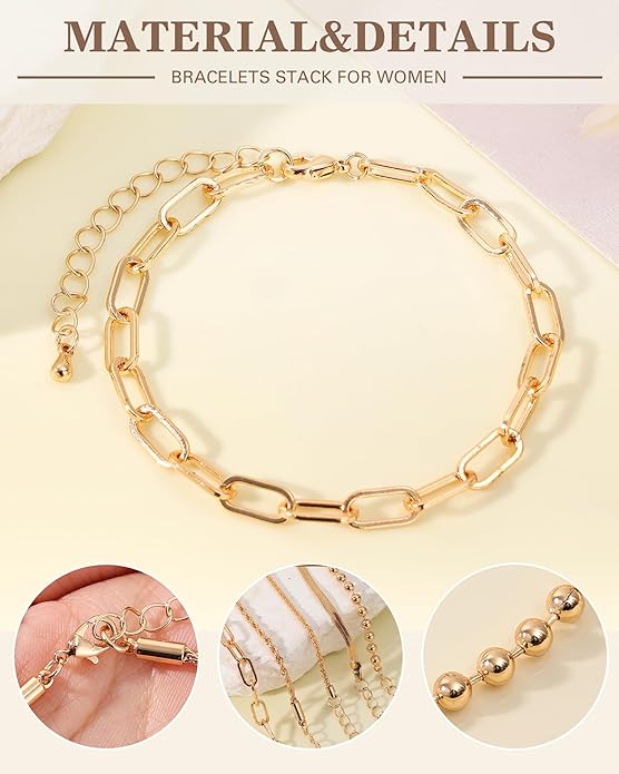 Gold Bracelets for Women, 14K Gold Plated Chain Bracelets Set for Women, Elegant Adjustable Bracelet Stack Jewelry Gifts for Womens