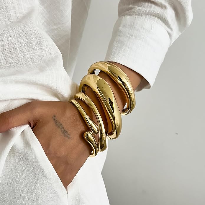 2/3/6pcs Chunky Gold Bangle Cuff Bracelets for Women, Dainty 14K Gold Plated Stackable Bangles Bracelet Set Jewelry Gift