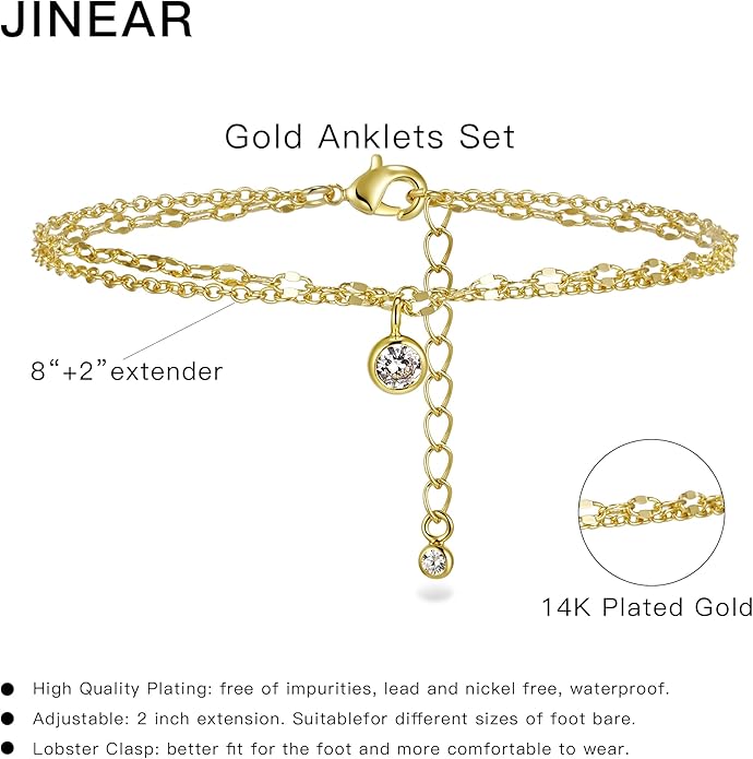 JINEAR Gold Ankle Bracelets for Women，14K Gold Plated Waterproof Chain Herringbone Layered Beaded Anklets Adjustable Summer Beach Jewelry Gift for Women