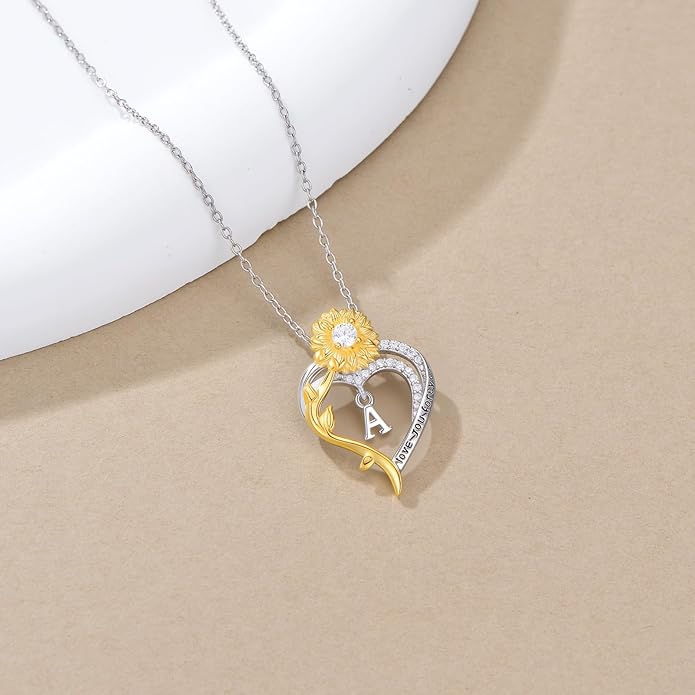 Initial Necklace 925 Sterling Silver Sunflower Heart Letter Pendant Alphabet Anniversary Birthday Jewelry Gifts for Women Mom Girlfriend Wife Her