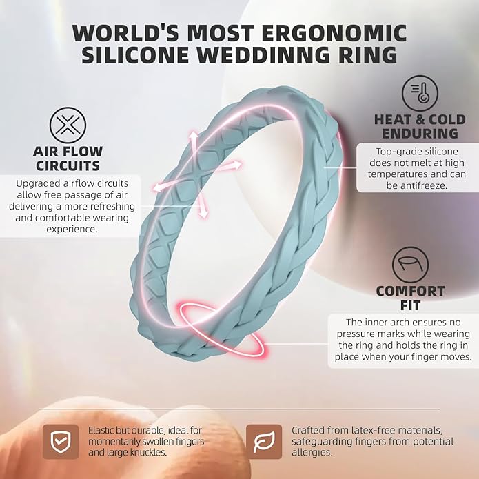 Egnaro Women's Wedding Bands, Silicone Thin and Stackable Rubber Engagement Ring, Variety Multipack With Breathable Grooves Workout Accessories