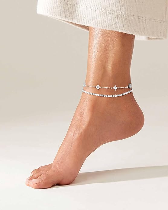 RLMOON Gold Anklets for Women CZ Ankle Bracelet 14K Gold/Silver Plated Waterproof Dainty Layered Tennis Heart Dot Chain Silver Anklets Trendy Foot Jewelry