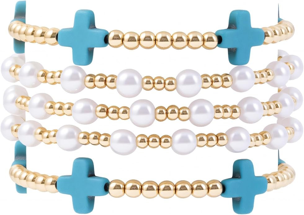 Gold Plated Beaded Bracelets for Women Trendy, 14K Gold Plated Stack Cross Pearl Gold Plated Bead Stretch Bracelets Set Elastic Hypoallergenic Bracelets Jewelry Gifts