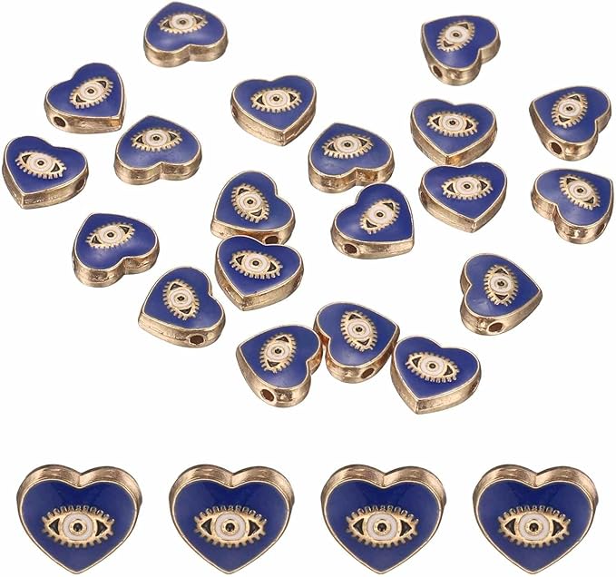 MECCANIXITY 20 Pcs Heart Evil Eye Beads Colorful Flat Loose Spacer Evil Eye Charms for DIY Bracelet Earrings Necklace Crafts Jewelry Making, Bright Blue