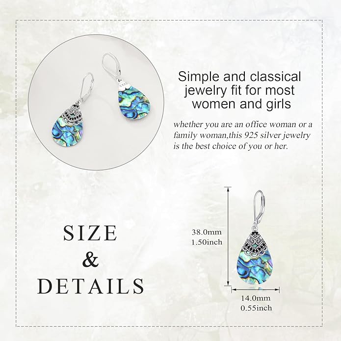 Abalone Shell Dangle Drop Earrings for Women 925 Sterling Silver Filigree Bohemian Earrings Jewelry Gift