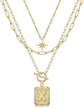 MJartoria Layered Initial Necklaces for Women Trendy, 14K Gold Plated Brass Simple Star Choker Square Letter Pendant Necklace, Paperclip Chain Necklaces Jewelry Gifts