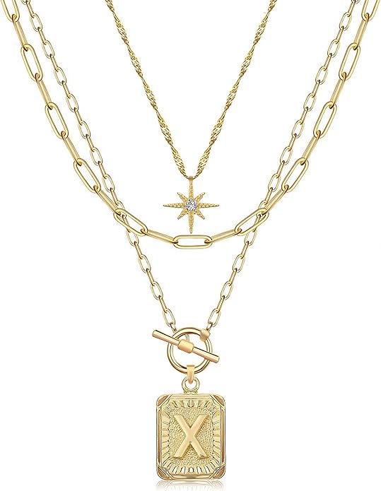 MJartoria Layered Initial Necklaces for Women Trendy, 14K Gold Plated Brass Simple Star Choker Square Letter Pendant Necklace, Paperclip Chain Necklaces Jewelry Gifts