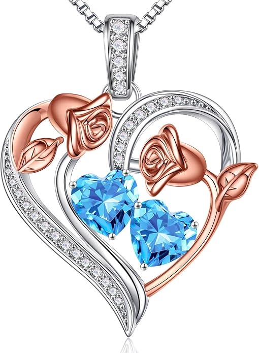 Iefil Valentines Day Gifts for Her - 925 Sterling Silver Rose Heart Necklace, Birthstone Jewelry, Anniversary Birthday Gifts for Wife Girlfriend Mom Daughter