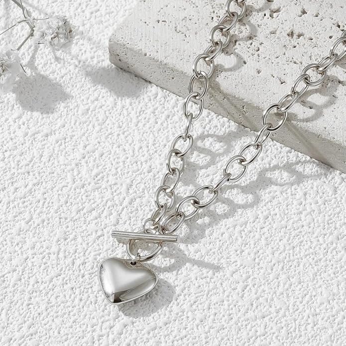 Chunky Gold Heart Necklace for Women,Y2K Big Heart Statement Necklace Long Puffy Hearts Chain Charm Necklaces Trendy Jewerly