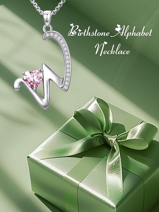 Valentines Day Gifts for Women Alphabet A to Z Initial Birthstone Pendant Necklaces for Women - 18k White Gold Plated Personalized Name Jewelry Valentine Mothers Day Birthday Gifts for Women Her Girlfriend
