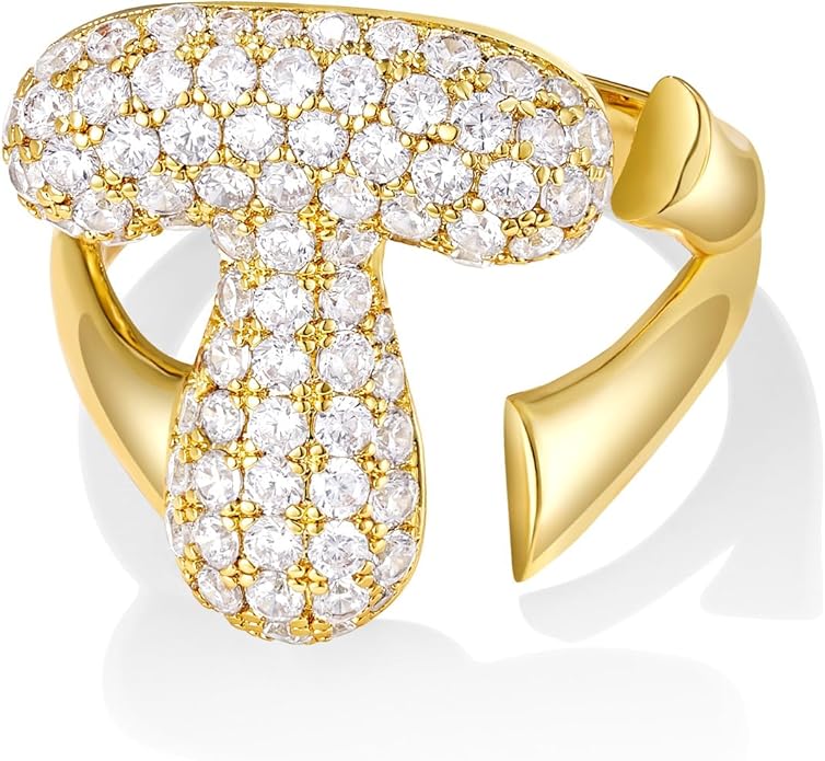 KissYan Bubble Initial Ring Valentines Day Gifts for Women, 14k Gold Plate Balloon Jumbo Letter Rings Open Adjustable Dainty Pave CZ Personalized Fashion Trendy Statement Jewelry