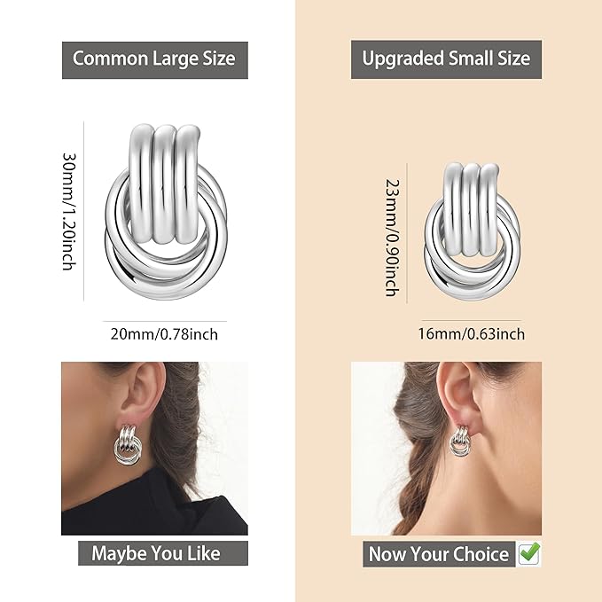 Silver Chunky Knot Earrings Geometric Drop Dangle Trendy Earrings Studs for Women_M Size