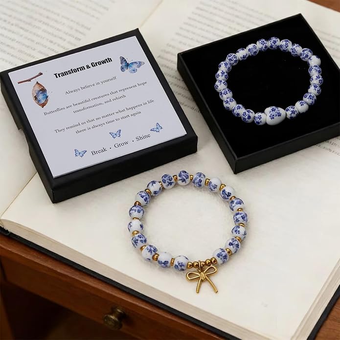 Butterfly Charm Bracelet Set - Blue and White Porcelain Beaded, Adjustable Vintage Stretch Bracelets for Women, Handmade Dainty Jewelry Gift
