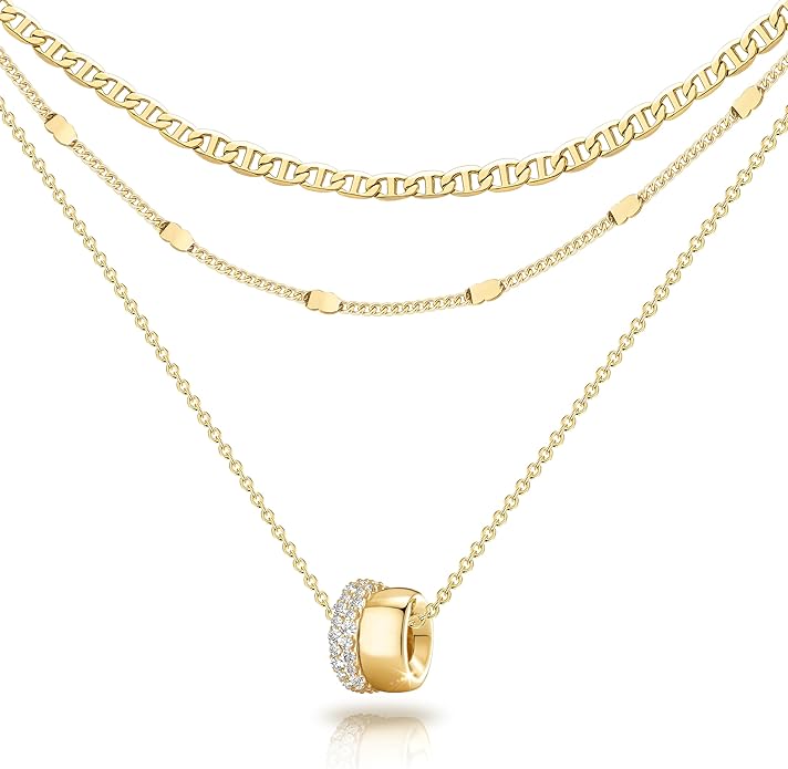 OGD Layered CZ Rondelle Pendant Necklaces for Women, 14K Gold Plated Trendy Mariner Chain Dainty Circle Rondelle Pendant Choker Necklace for Women Two-Toned Cubic Zirconia Gold Necklace
