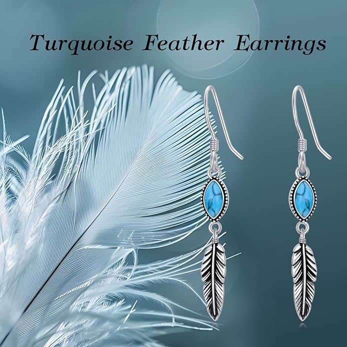 Feather Earrings for Women 925 Sterling Silver Western Boho Drop Dangle Earrings Vintage Feather Jewelry Gifts