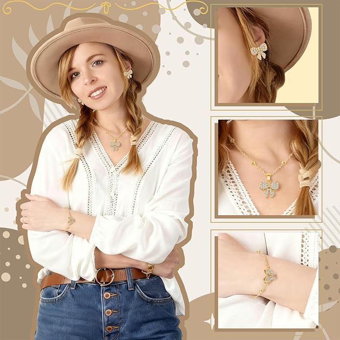 Bucherry 3 Pcs Heart Jewelry Set Bow Snowflake Jewelry Heart Pendant Chain Toggle Necklace with Bracelet Earrings Snowflake Stainless Steel Link Chain for Women Gift
