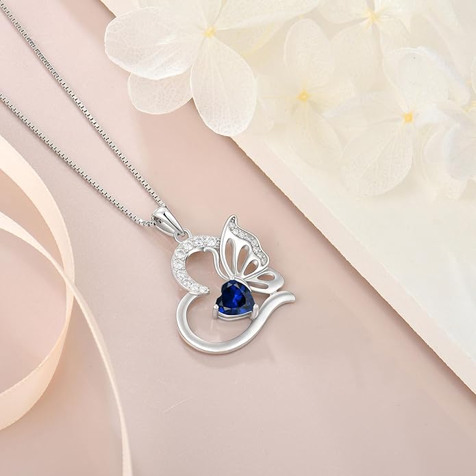Butterfly Necklace for Women 925 Sterling Silver Heart Pendant Birthstones Jewelry Gift