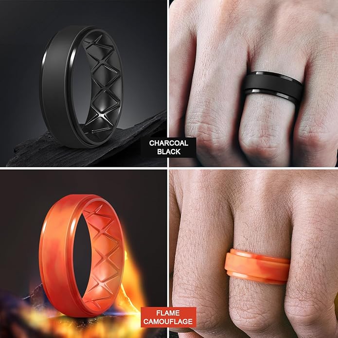 Egnaro Men's Rings 8.5mm Wide-2mm Thick Inner Arc Ergonomic Breathable Rubber Wedding bands-Hypoallergenic for Gym/Outdoor/Gift((1-7 Variety Pack with Half Size)