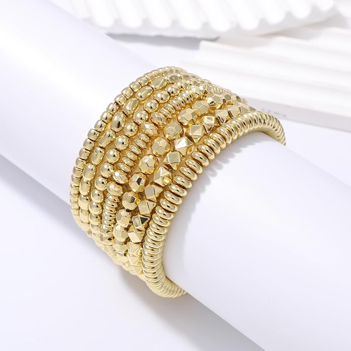 Gold Plated Beaded Bracelets for Women Trendy, 14K Gold Plated Stack Cross Pearl Gold Plated Bead Stretch Bracelets Set Elastic Hypoallergenic Bracelets Jewelry Gifts