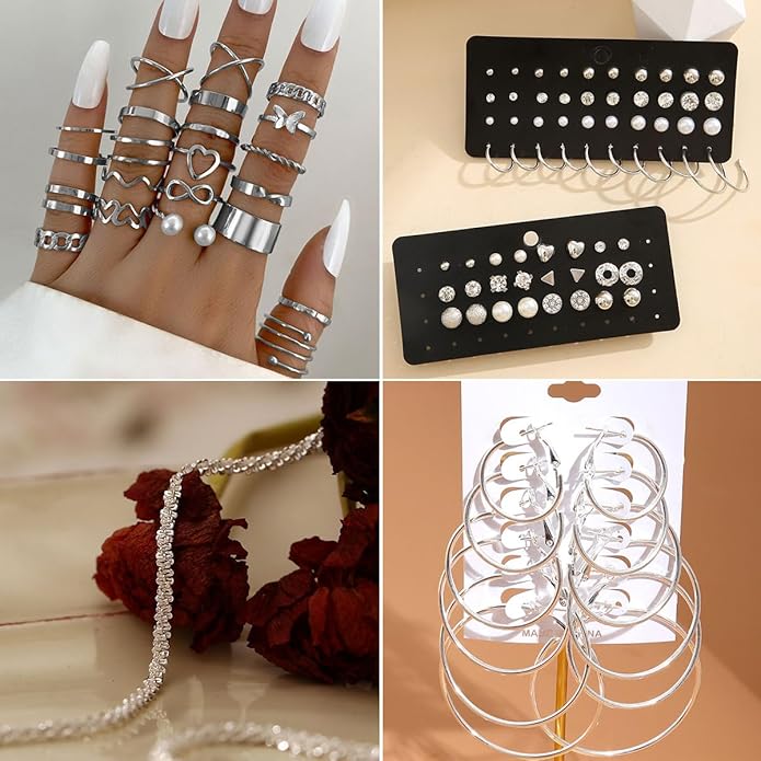 116 Pcs Silver Jewelry Set with 7Pcs Layered Necklace, 11 Pcs Bracelet and 22pcs Hoop Earrings ,22pcs Knuckle Rings,54pcs stud earrings Jewerly set For Women Valentine Anniversary Birthday Friendship Gift