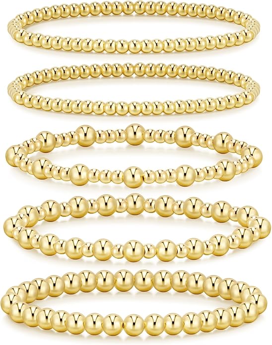 adoyi Valentines Day Gifts for Her Gold Bracelets for Women Waterproof, 14K Gold Plated Beaded Strand Bead Ball Bracelets stack Adjustable Jewelry Set for Gifts