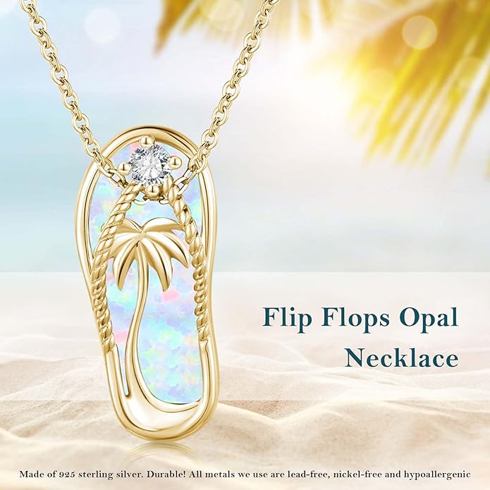 Midir&Etain Ocean Necklace 925 Sterling Silver Blue Opal Necklace Starfish/Flip Flop/Shark Pendant Beach Ocean Jewelry for Women