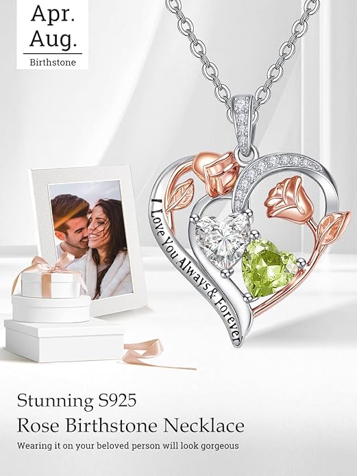 Valentine's Day Gifts for Wife 925 Sterling Silver Double Birthstone Pendant Necklaces I Love You for Always and Forever Necklace Anniversary Birthday Gifts for Wife Girlfriend Mom Her