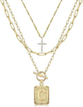 MJartoria Layered Initial Necklaces for Women Trendy, 14K Gold Plated Brass Simple Dainty Cross Choker Square Letter Pendant Necklace, Paperclip Chain Necklaces Jewelry
