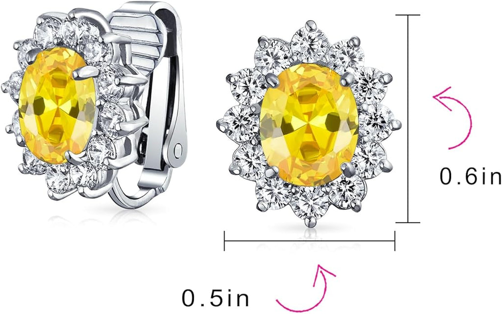 Traditional Classic Bridal Simulated Gemstones Cubic Zirconia AAA CZ Halo Crown Oval Stud Clip On Earrings For Women Wedding Non Pierced Ears Rose Gold Silver Plated