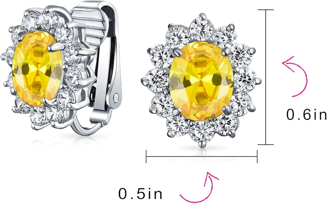 Traditional Classic Bridal Simulated Gemstones Cubic Zirconia AAA CZ Halo Crown Oval Stud Clip On Earrings For Women Wedding Non Pierced Ears Rose Gold Silver Plated