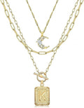 MJartoria Layered Initial Necklaces for Women Trendy, 14K Gold Plated Brass Simple Moon Choker Square Letter Pendant Necklace, Paperclip Chain Necklaces Jewelry Gifts