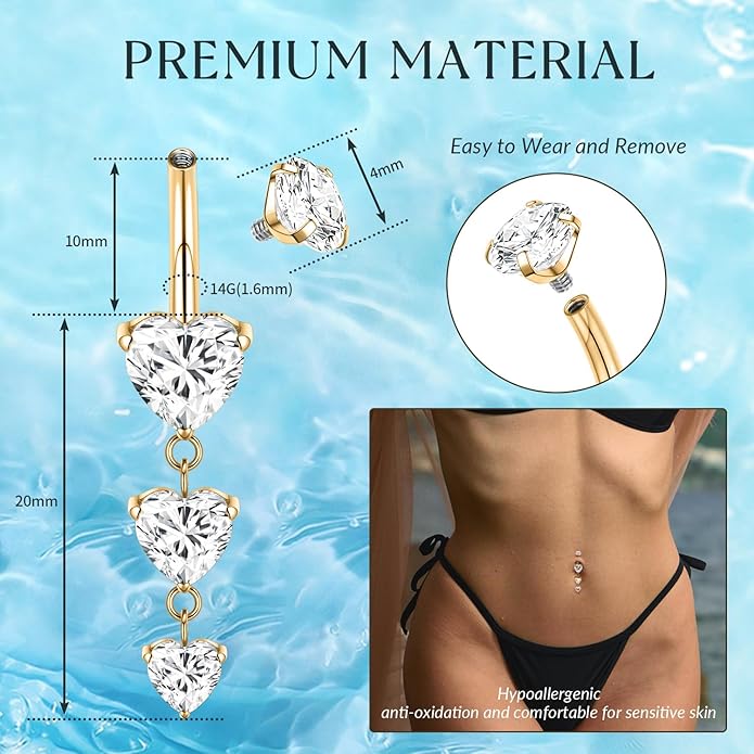 GAGABODY G23 Titanium Belly Button Ring Dangle Belly Rings Belly Piercing Jewelry 14G 3/8 inch 10mm Navel Barbell CZ Navel Piercing Ring